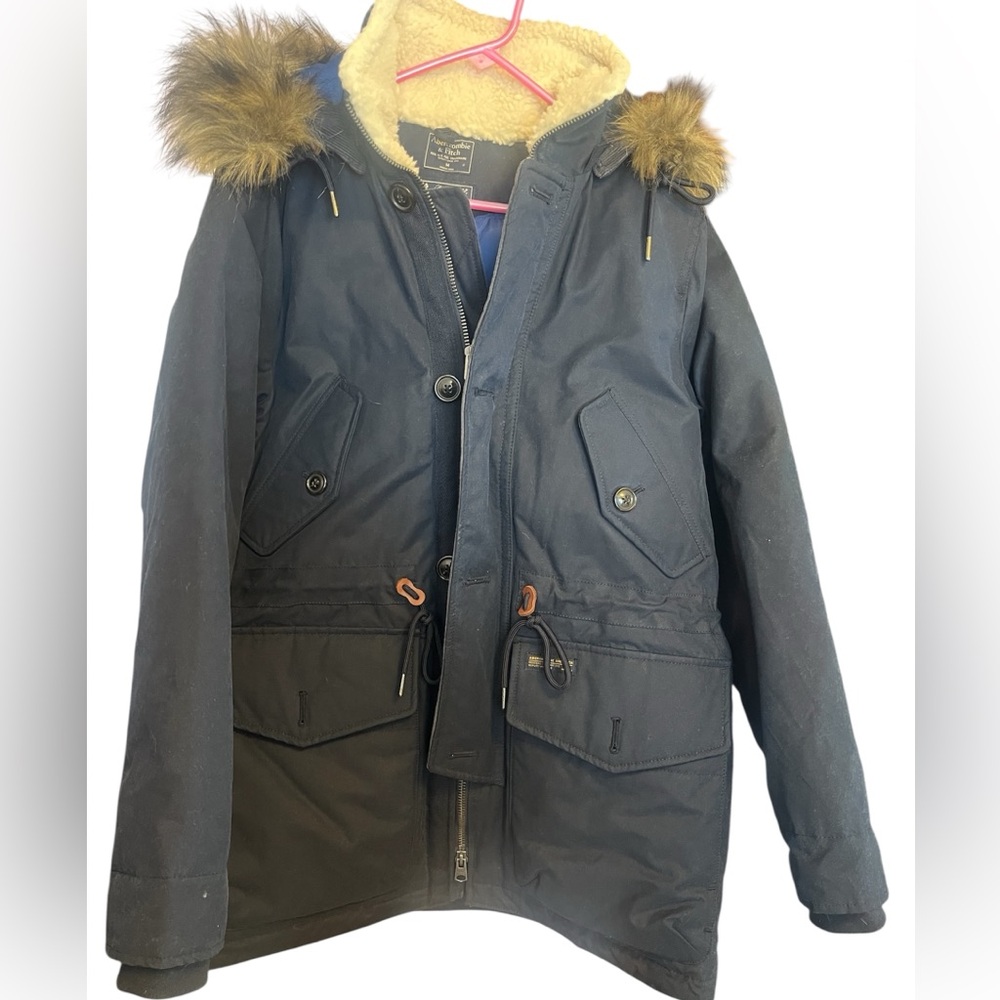 Abercrombie & Fitch Down Puffer Jacket Medium Coat Blue Fur Hood Parka Sherpa